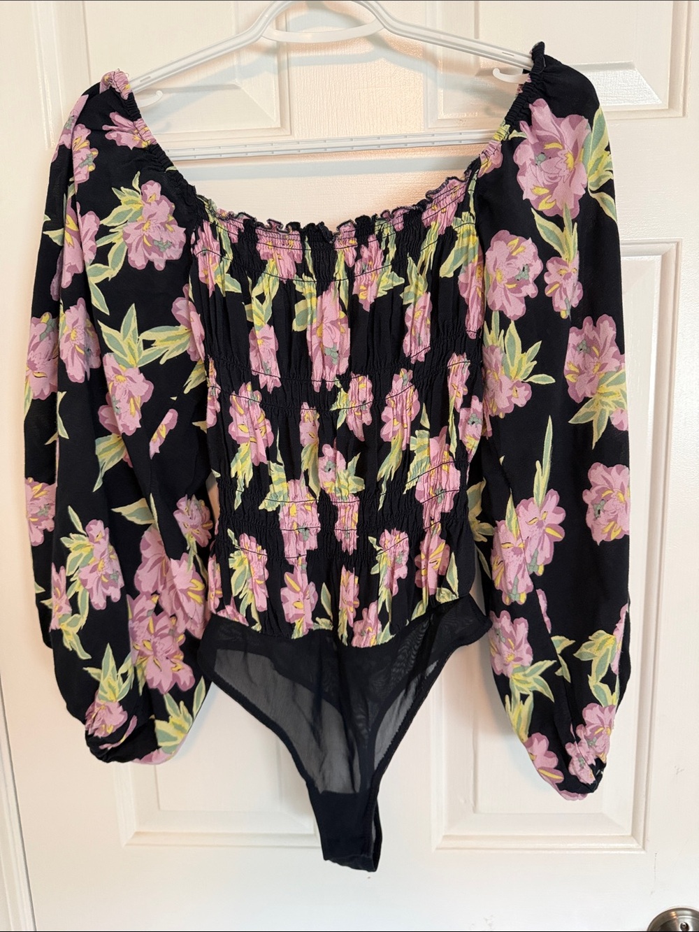 Free People Black Floral Off-Shoulder Smocked Bodysuit with Pink Blossoms